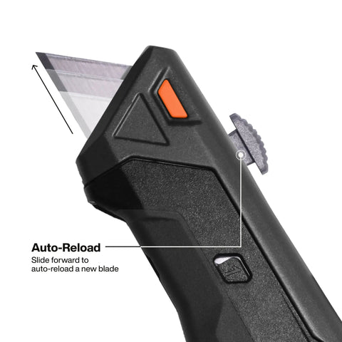 Close-up of Auto Loading Retractable Utility Knife with Dual Sided 10 Blade Magazine showing quick release eject switch in black handle.