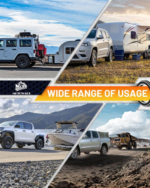 Stainless Steel Trailer Hitch Lock That Locks It Down For Class III And IV Hitches Five Eighths Inch Pin Fits Two Inch And Two Point Five Inch Receivers Heavy Duty Anti Theft Receiver Lock With Eight Anti Rattle O Rings And Waterproof Cap in use on various vehicles.