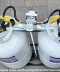 Top view of 2-Stage Auto Changeover Propane Regulator with 12-inch pigtails, connected to dual propane tanks for RVs, vans, and trailers