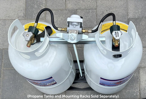 Top view of 2-Stage Auto Changeover Propane Regulator with 12-inch pigtails, connected to dual propane tanks for RVs, vans, and trailers
