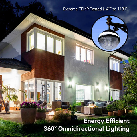 Night view of a house lit by Two Pack Dope LED Corn Light Bulbs 60W Equivalent To 500W, 5500 Lumen, 6500K Cool Daylight White, E26/E27 Base.