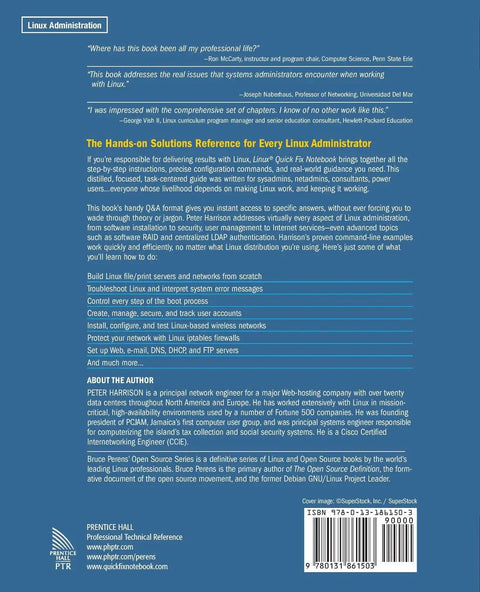 Back cover of Linux System Administration Handbook Straight Up Quick Fixes For Server Wranglers And It Pros with author details.