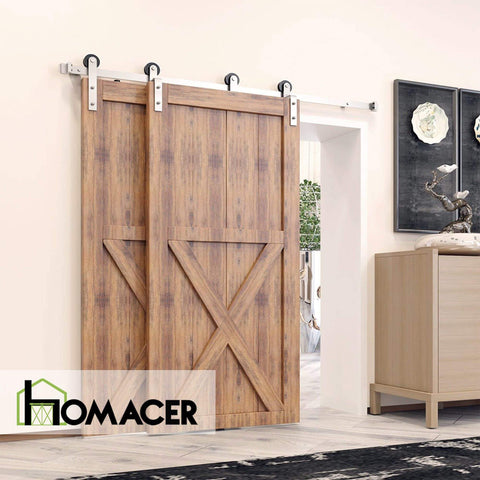 Brushed Nickel Single Track Bypass Sliding Barn Door Hardware Kit For Double Doors With 10ft Flat Track And Straight Design Rollers