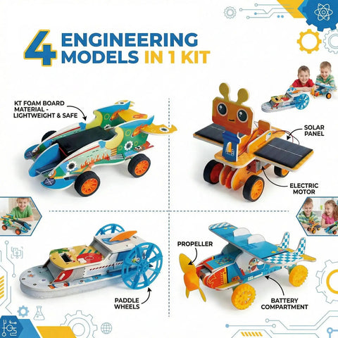 4-In-1 Engineering Kit For Kids Aged 8-12 Build A Mars Rover, A Fast Race Car, A Dope Soaring Glider, And A Paddle Boat; Learn Motor Dynamics And Mechanical Transmission Hands-On, The Ultimate Gift For Curious Builders. 4 foam board models