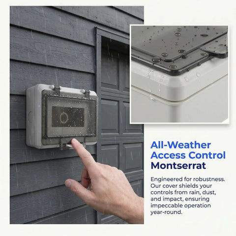 Rugged Push Button Protective Cover For Garage Door Control Panel, Impact Resistant Plastic Enclosure With Dust Shield, Slip Resistant And Easy Install, Debris Guard That Prevents Misclicks And Mishandling On Busy Sites on rainy wall