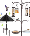 Six Hook Outdoor Bird Feeding Station Kit With 94 Inch Heavy Duty Pole Four Feeders Wide 19 Inch Metal Squirrel Baffle Raccoon Resistant