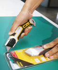 Auto Retractable Safety Utility Knife With Quick Blade Change Box Cutter And 4 Spare Blades Stored In Handle Beefy Zinc Alloy And Anti Slip Grip For Safe Quick Cutting in hand, cutting package