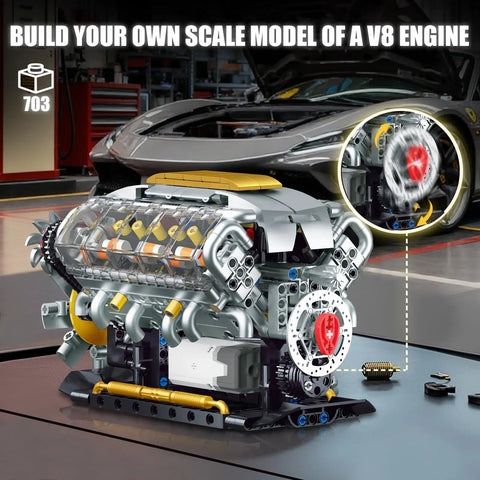 V8 Engine Model Kit That Runs Hands On Build Your Own Mini Visible Car Motor Realistic Piston Motion Turbocharger Science DIY Set For Adults Teens 14 And Up 703 Piece STEM Toy Gift photo showcasing the assembled model on a workshop table with transparent cylinder heads revealing internal components and piston motion.