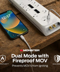 Heavy Duty Surge Protector With 4050 Joules Rating, 8 Outlets, USB A And USB C Quick Charge, phone charging, coax ports visible