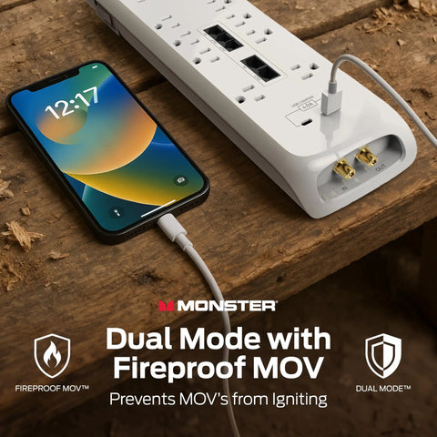 Heavy Duty Surge Protector Power Strip With 8 Outlets And 6 Ft Cord, 4050J Rating, USB A And USB C Charging, 2 Ethernet Ports, Built Tough As Nails For Your Setup, 24 Pack with phone charging.