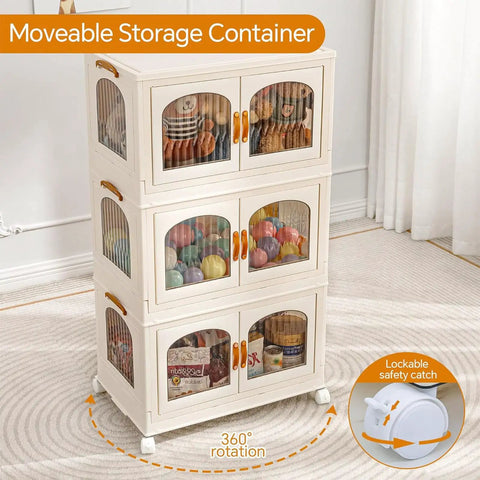 Super Roomy Foldable Storage Bins With Smooth Rolling Wheels And Snug Lid Covers Hella Big Stackable Plastic Closet Organizers For Bedroom Dorm Room Clutter Removals showcasing four stackable bins with contents visible, designed for easy organization.