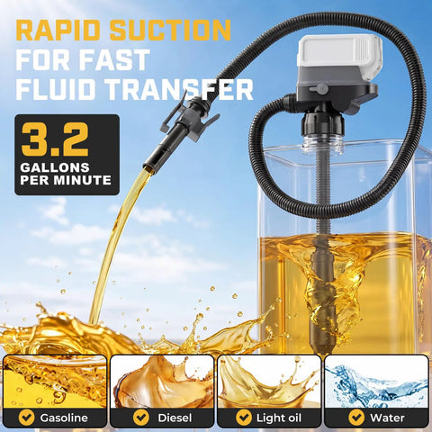 Badass Cordless Fuel Transfer Pump Compatible With DeWalt And Milwaukee Power Tools Hella Versatile Gas Siphon for fast fluid transfer.
