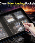 Hand placing card in 4 Pocket Top Loader Binder For 144 Cards In 3x4 Toploaders, Side Loading Card Organizer With Clear Window, Navy Finish.