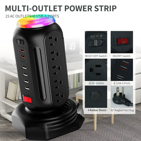 Dope Power Strip Tower With Colorful Nightlight 15 AC Outlets 6 USB Ports Retractable Extension Cord 900 Joule Surge Protector