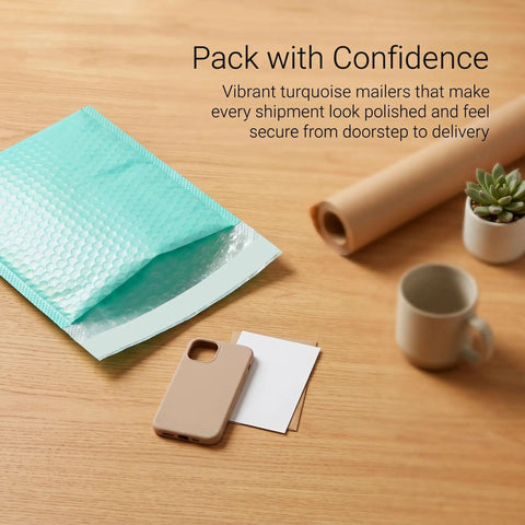 Teal 5x6 Inch Poly Bubble Mailers With Self Seal Adhesive Waterproof Padded Shipping Bags For Small Biz Packing on wooden desk