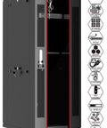 Kickass 42U Server Rack Cabinet on Smooth Rolling Wheels With Secure Locking Doors Built in Lcd Monitor Four Spot Cooling Fans Thermostatic Climate Control Heavy Duty Power Strip and Flexible Gear Shelves, shown with open door.