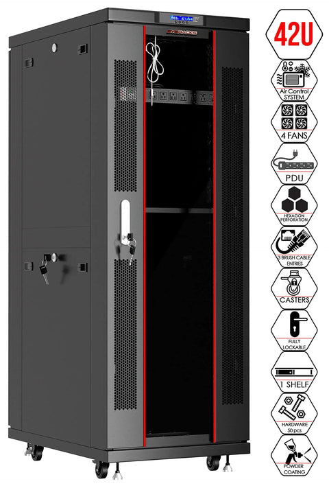 Heavy Duty 42U Server Rack Cabinet On Wheels With Locking Door, Thermostatic Fans, LCD Monitor Mount, PDU Power Strip, Adjustable Shelf And Secure Rail Kit for organized tech setup, black with locking and cooling features.
