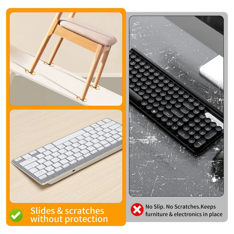 Comparison of furniture with and without non slip pads, showing sliding chairs and stable keyboards with Non Slip Furniture Pads Self Adhesive Rubber Sheets 4 By 40 Inch Cuttable Anti Skid Pads For Chairs Tables Sofas Appliances Cabinets And Electronics Great For Reducing Movement And Vibration On Heavy Furniture.