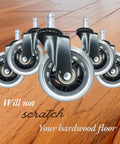 Office Chair Wheel Casters 3 Inch Roller Blade Type Set Of 5 on hardwood floor, demonstrating non-marking and smooth rolling.