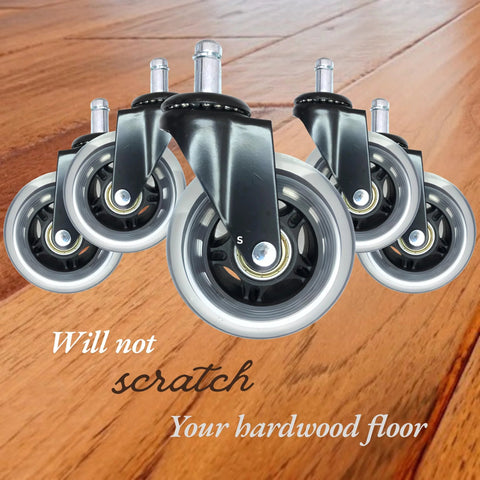 Office Chair Wheel Casters 3 Inch Roller Blade Type Set Of 5 on hardwood floor, demonstrating non-marking and smooth rolling.