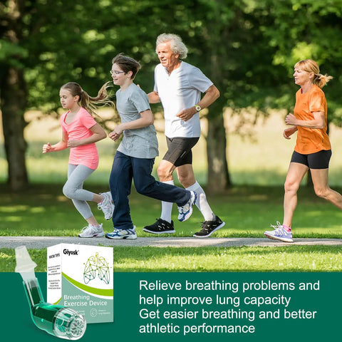 Group jogging with Lung Workout Breathing Compact Device With PEP Therapy For Mucus Clearance Portable Handheld Trainer shown