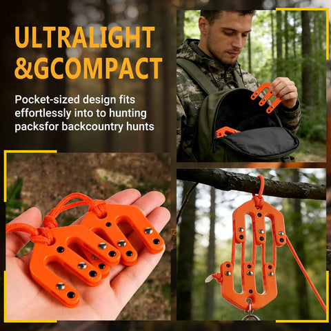 Heavy Duty Nylon Block And Tackle Pulley Set For Backcountry Game Hoisting Hella Portable Two Piece Badass Gear Rigging System For Solo Hunters And Field Operations in compact orange design.