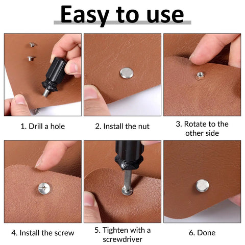 Step-by-step guide using Hardcore Stainless Steel Chicago Screw Rivets Kit With Phillips Heads for leather projects.