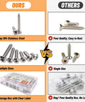 Comparison of stainless steel screw set with black finish vs others, highlighting quality, size variety, and rust resistance.