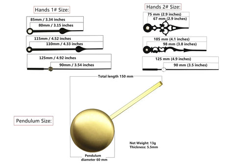 Image showing sizes of clock hands and pendulum for Chiming Pendulum Clock Movement With Westminster Melody, 2 Hands, 23.5mm Shaft, 16mm Thread.