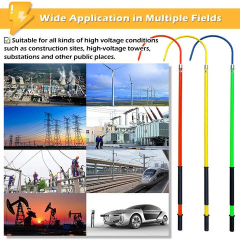 Pro Grade Insulated Rescue Pole Six Point Five Ft High Voltage Rescue Hook next to images of industrial sites