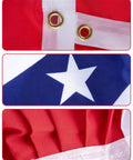 Close-up of 3 Pack Outdoor All American Flag Buntings 1.5x3 Feet, showing grommets, star pattern, and pleated red fabric.