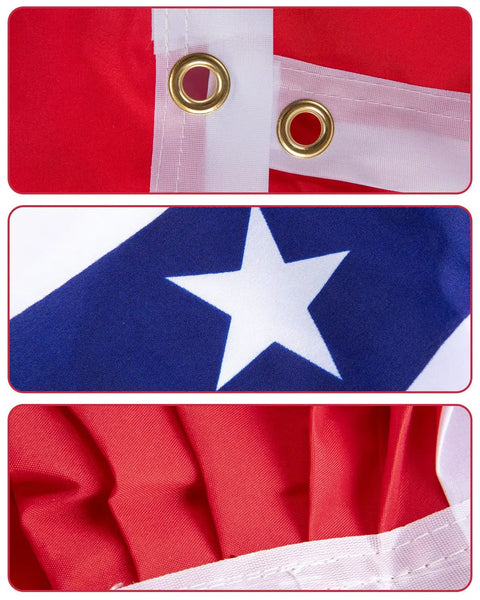Close-up of 3 Pack Outdoor All American Flag Buntings 1.5x3 Feet, showing grommets, star pattern, and pleated red fabric.