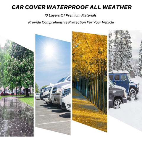 Image illustrating the versatility of the Dodge Challenger 10 Layer Waterproof Car Cover All Weather Exterior in various climates.
