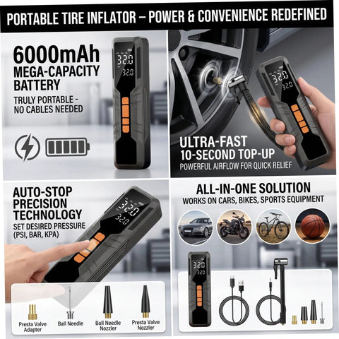 Portable Cordless Tire Inflator Air Compressor Dead Nuts Accurate Dual Digital Gauge Auto Shut Off 6000 Mah Battery for quick inflation
