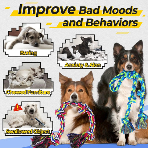 Two dogs with Rugged Dog Rope Toys 5 Pack For Aggressive Chewers surrounded by images of common dog issues like boredom and anxiety.
