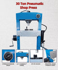 Straight Up Heavy Duty 30 Ton H Frame Shop Press Featuring Pneumatic Hydraulic Pump And Completely Welded Steel Build showing hydraulic gauge and cylinder.