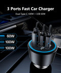 Beast 200W USB-C Car Charger With Dual 100W Type-C Ports And USB-A 60W PD3.0 QC4.0 PPS Fast Car Lighter Adapter