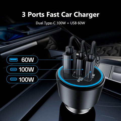 Beast 200W USB-C Car Charger With Dual 100W Type-C Ports And USB-A 60W PD3.0 QC4.0 PPS Fast Car Lighter Adapter