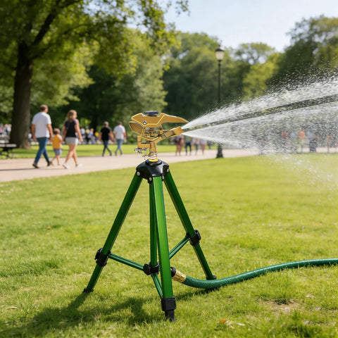 Impact Sprinkler On Tripod For Yard And Garden Heavy Duty 360 Degree Rotating Sprinkler With Zinc Head On Lawn