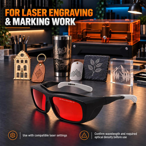 Red Lens Laser Safety Goggles UV Blue Green Diode Up To 532nm DIY Engraving next to engraved items on workspace.