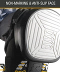 Close-up of black and grey Spring Loaded Heavy Duty Knee Pads for Work Construction and Carpentry, showing non-marking face.