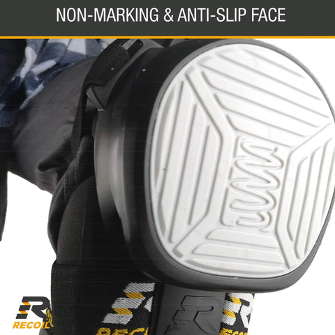 Close-up of black and grey Spring Loaded Heavy Duty Knee Pads for Work Construction and Carpentry, showing non-marking face.