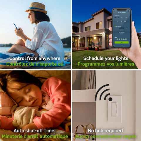 Collage showing features of Decora Smart WiFi Light Switch With Matter Compatibility, hands-free use and easy control.