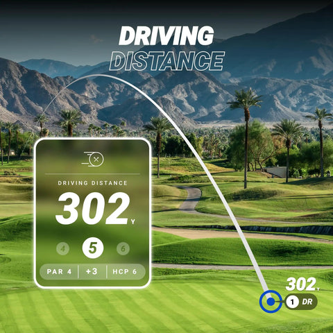 Golf course with AI Powered Golf GPS Speaker tracking 302-yard driving distance on screen, scenic mountain background