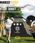 Man practicing golf against Ten By Seven Foot Golf Practice Net With Mat Noise Reducing Target 5 Balls 4 Sandbags Tee And Carry Bag