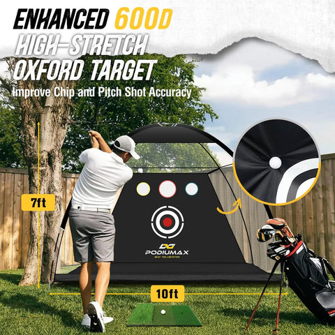 Man practicing golf against Ten By Seven Foot Golf Practice Net With Mat Noise Reducing Target 5 Balls 4 Sandbags Tee And Carry Bag
