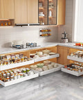 Four Pack White Pull Out Cabinet Organizers 21 Inch Deep Roll Out Shelves heavy duty slide out drawers in a kitchen.