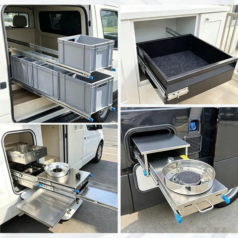 Premium Heavy Duty Full Extension Drawer Slides, 58 Inch hardware with side mount for storage boxes in a van setup.