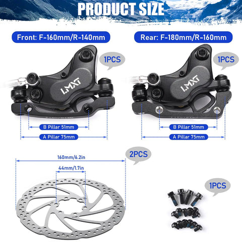 Diagram of Four Piston Hydraulic Disc Brake Kit For Mountain Bikes And E Bikes With 160mm Rotors Ceramic Pads and mounting sizes.