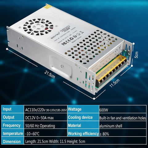 12V 50A 600W DC Switching Power Supply Dope Regulated SMPS For LED Strip Lights CCTV Security Systems And Computer Projects With 110V 220V Input For DIY Projects, aluminum shell, fan cooled